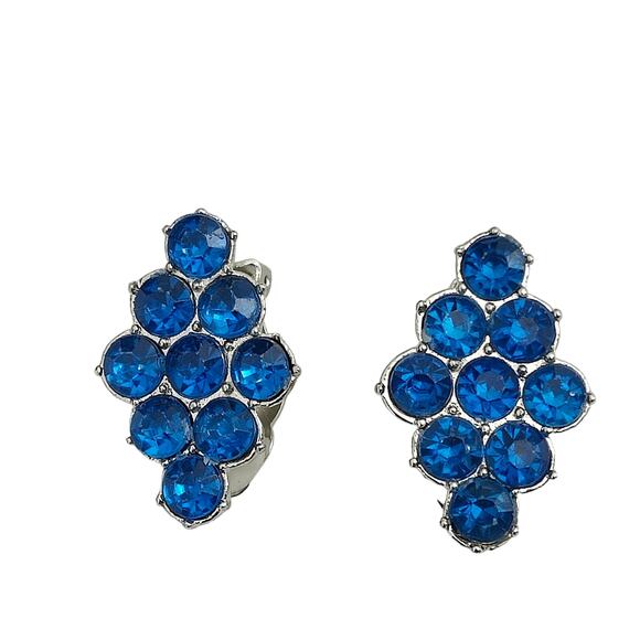 Royal Blue Rhinestone Silver Tone Diamond shaped Clip on Earrings Estate Jewelry - Picture 1 of 4